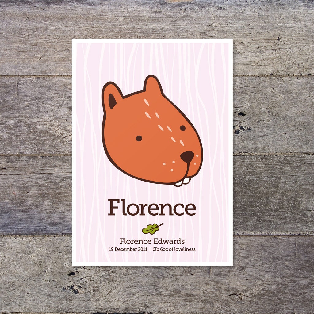 Woodland Babies - BEAVER - personalized custom baby name nursery poster