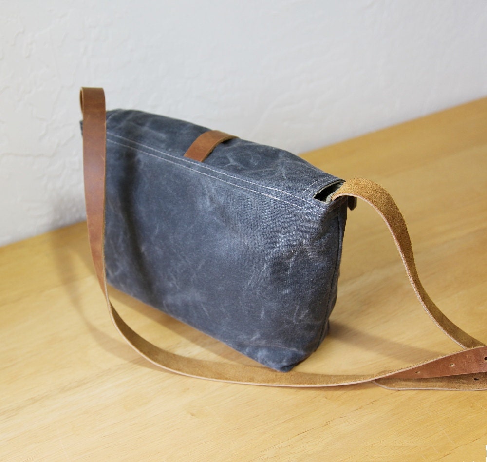 Waxed Canvas Satchel // The Small Satchel in Slate with Leather Straps