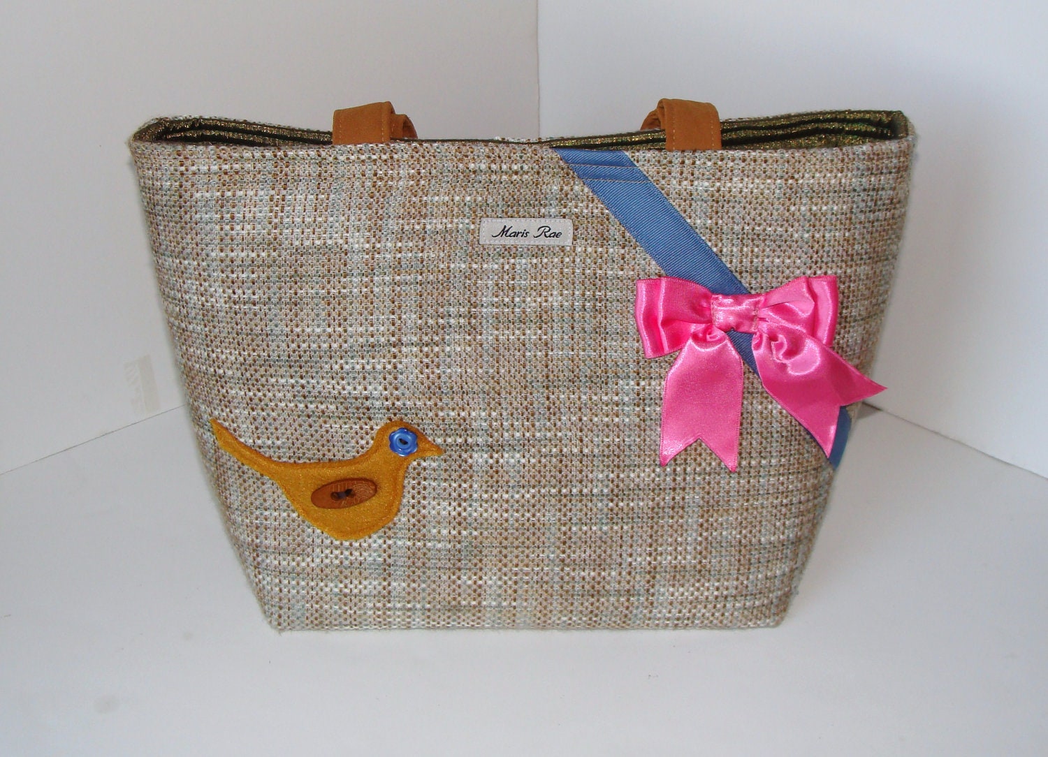 Partridge in a Pear Tree large Maris Rae handbag/ purse/ sturdy tote/ tweed/ blue brown tan/ mustard/ green/ pink/ bird/ many pockets