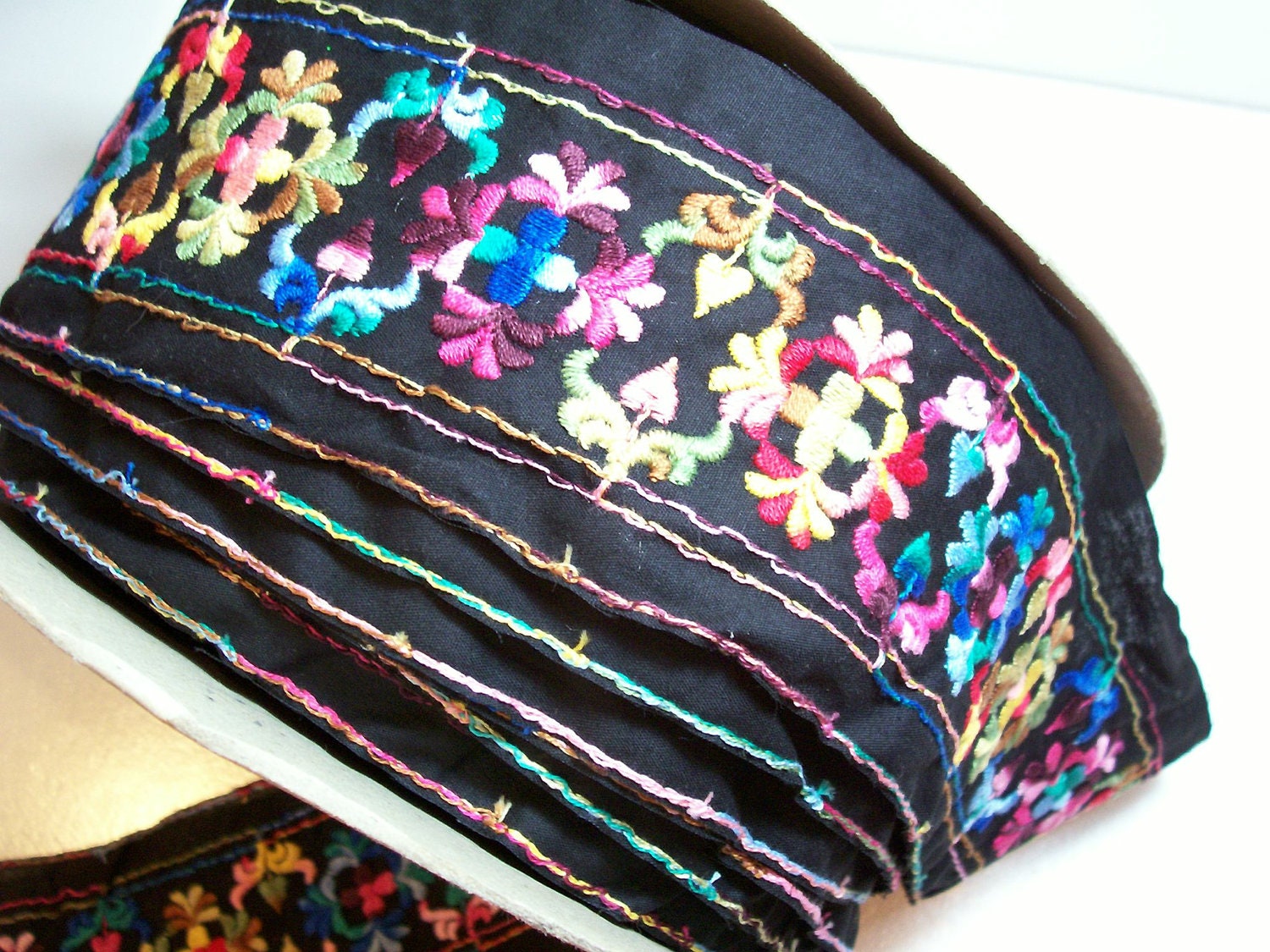 Black Embroidered Flower Ribbon 3 1/4 inches wide x 1 yard precut/ Craft Supplies/ Sewing Trim