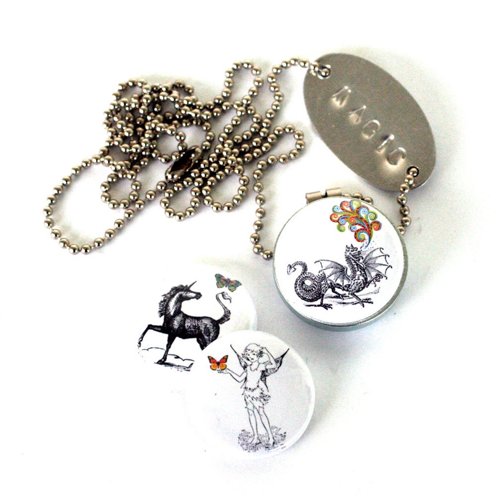 Unicorn Locket -  Dragon Locket, Fairy Locket,  Butterfly Necklace - MAGIC Recycled Necklace, Polarity