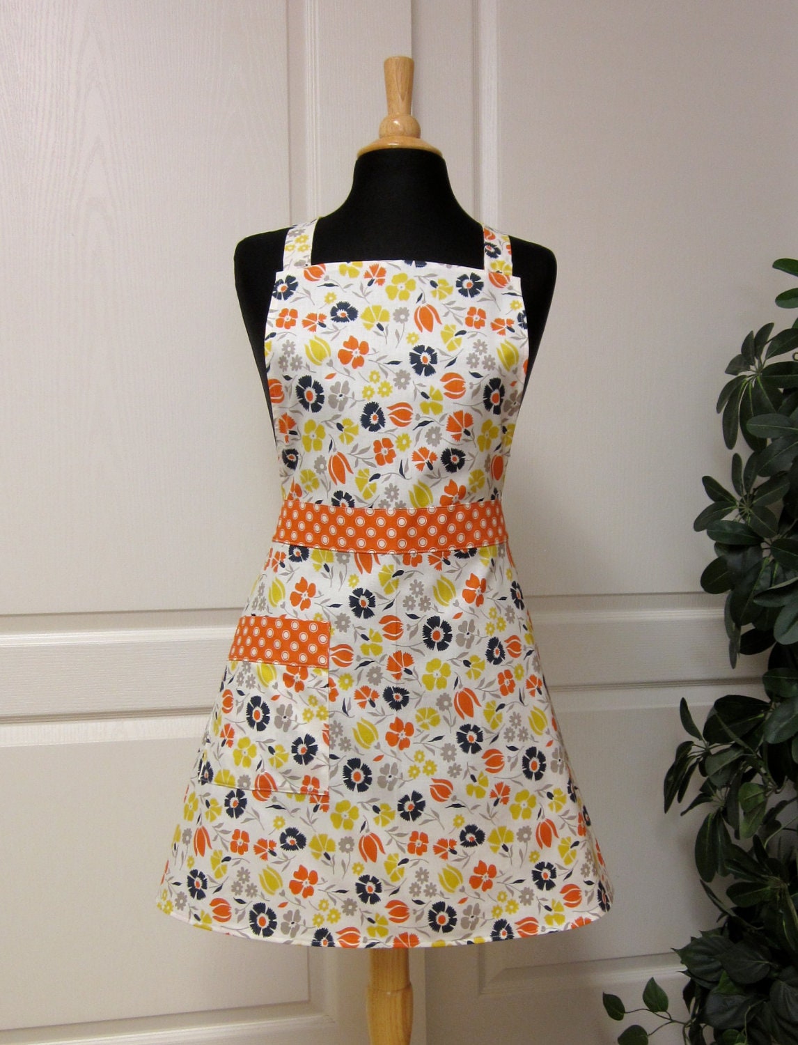 Pumpkin Orange Navy Grey Retro Apron - Flair for Cooking Cute Kitchen Aprons - MADE TO ORDER