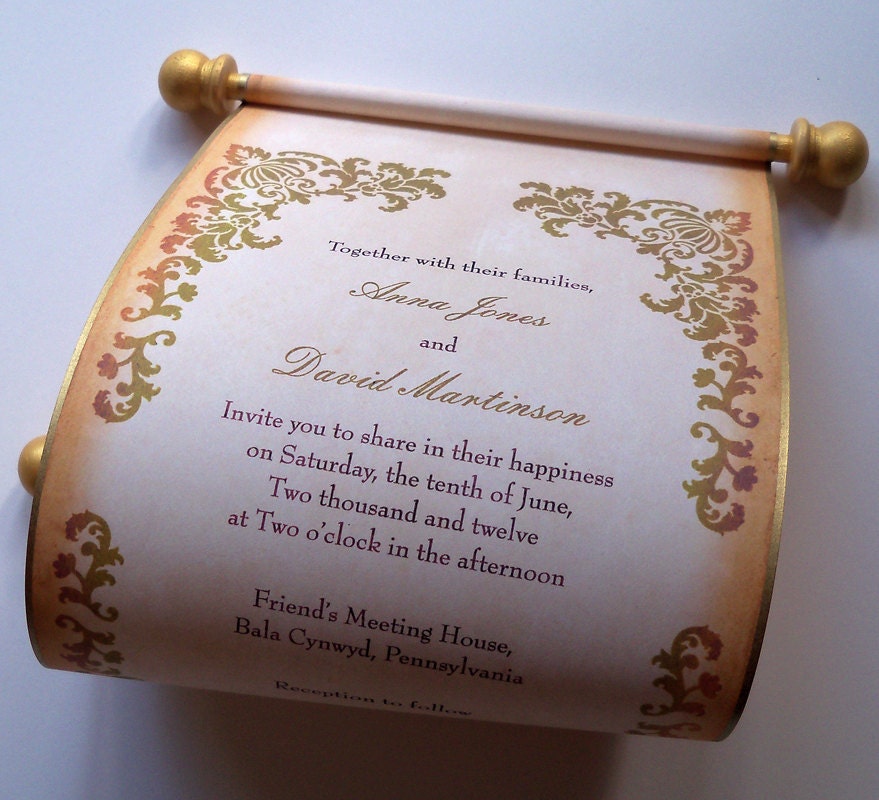 Wedding invitation scroll with aged damask border vintage medieval inspired, set of 10