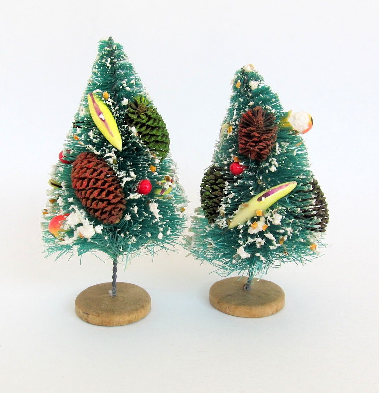 Vintage Bottle Brush Tree Set of Two  with Snow Colored Glitter Diecuts and Fruit