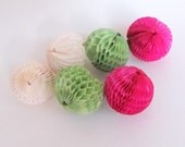 Vintage Honeycomb Balls  Set of 6 Hot Pink Green Cream