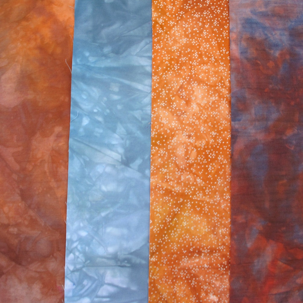Hand dyed cotton fabric bundle, 4 fat eighths, brown, tan, blue, terracotta, red - therainbowgirl