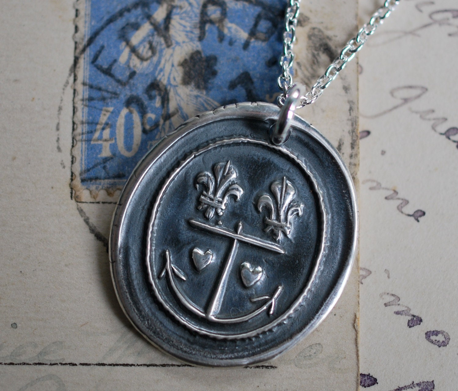 anchor, two fleur de lis and two hearts wax seal necklace charm... wax seal jewelry in fine silver