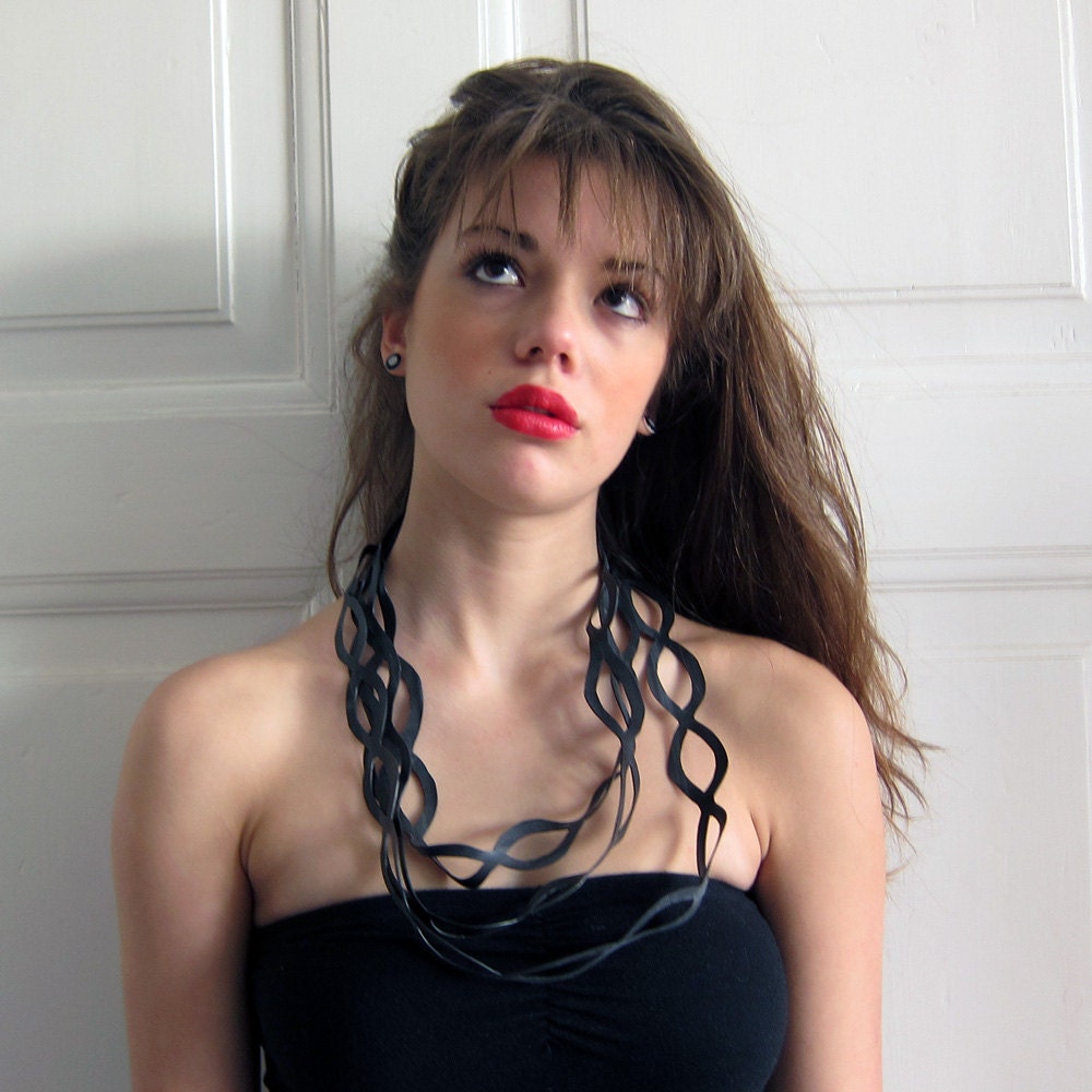 Black inner tube necklace upcycled hand cut out ovals of recycled bicycle inner tube