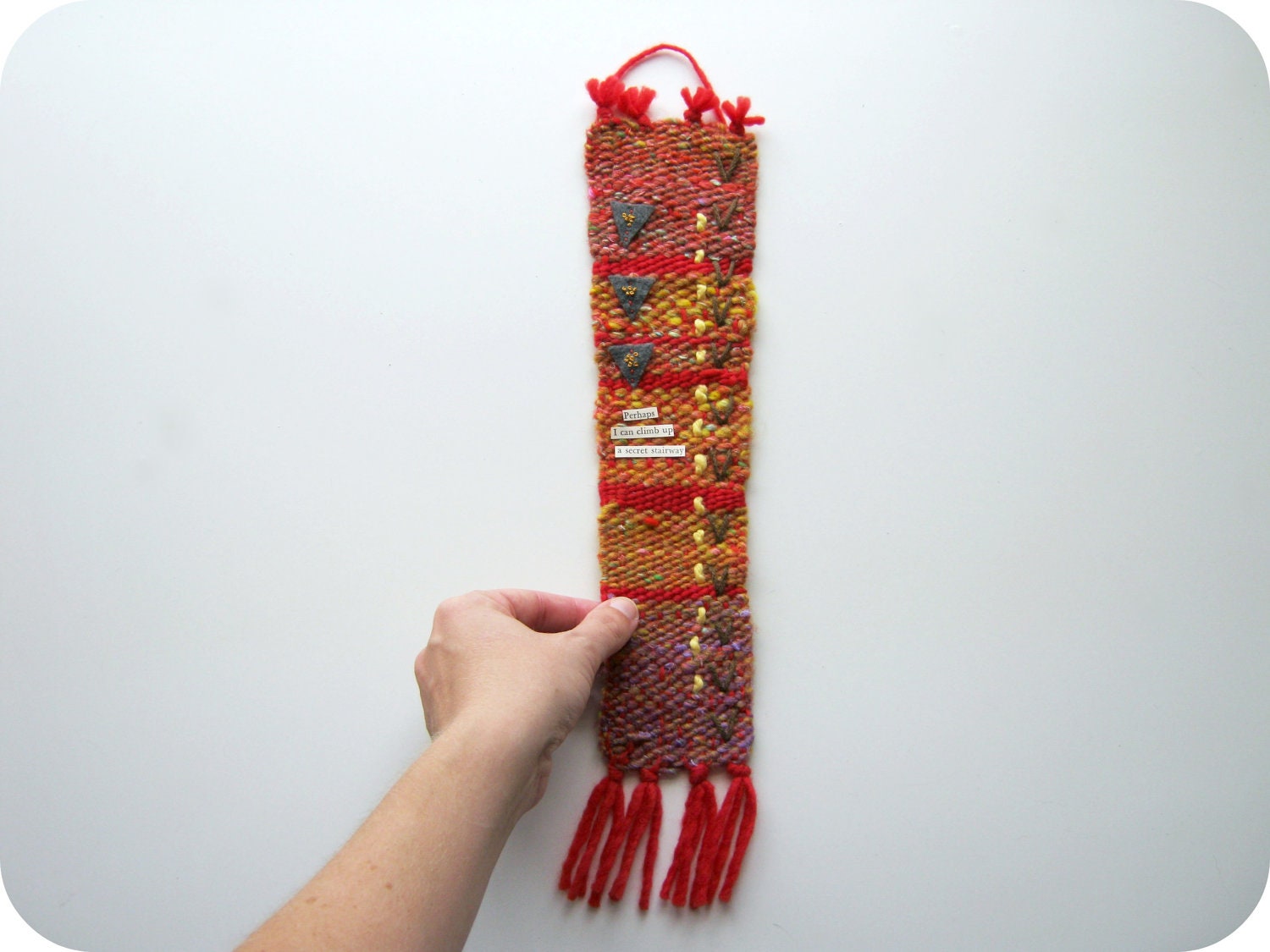 SALE 50% OFF Fiber Art Wall Hanging Hand Woven with Embroidery and a Secret Story