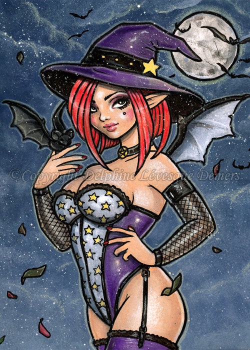 Moonlight Witchery ACEO - limited edition print 2/20 by Delphine Levesque Demers