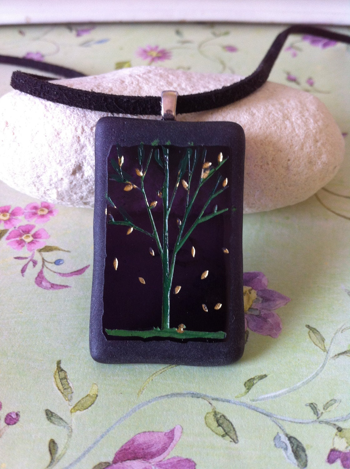 Glass sandcarved falling leaves pendant