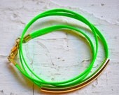 neon green skinny leather triple wrap bracelet with long gold tube