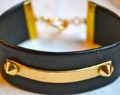 black lambskin leather with gold ID tag and mini gold spikes bracelet