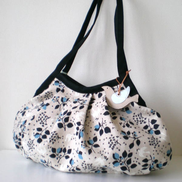 Zippered large Granny Bag with a bird leather charm, Leaves and bird Blue - Ready to ship