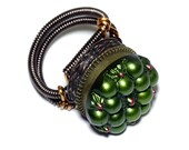 One of a Kind Steampunk Ring -  22mm Vintage 1960's Mod Czech Glass 3-D Green Bubble - SIZE 9.5 ONLY