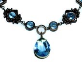 Steampunk Jewelry - Necklace - Light Aqua blue Pear Shape Faceted Supreme Quality Diamond Cut Glass Gem Stone Jewel - Copper