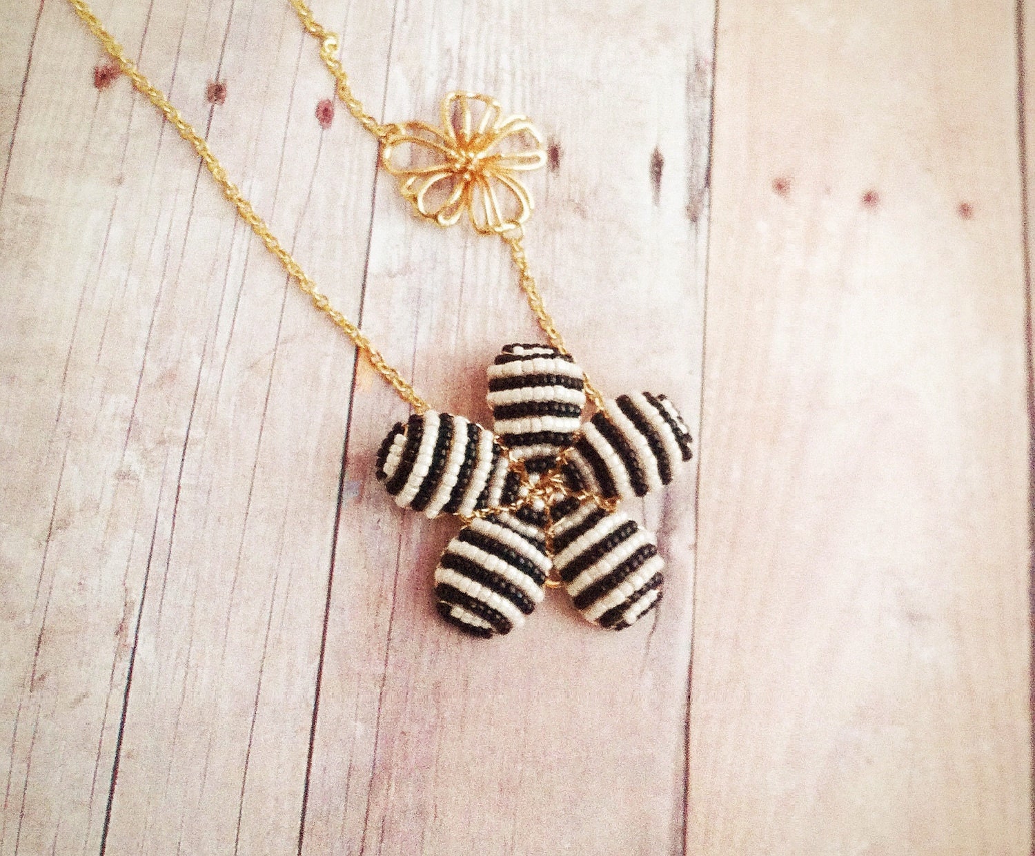 Geometric Flower Necklace - Black and White - Beaded Flower Necklace - Ododo Originals