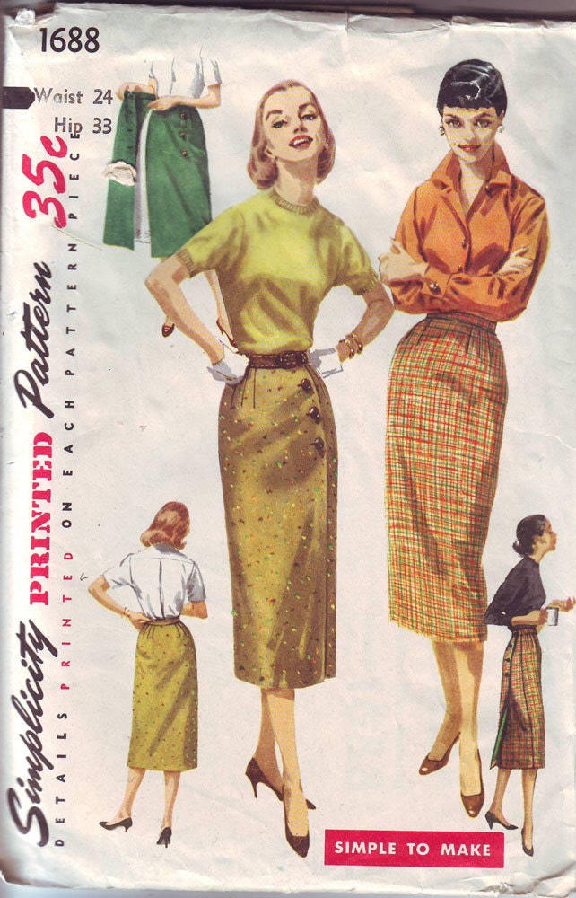 VINTAGE 1950's Simplicity Wrap Around Skirt Pattern 1688 Waist 24