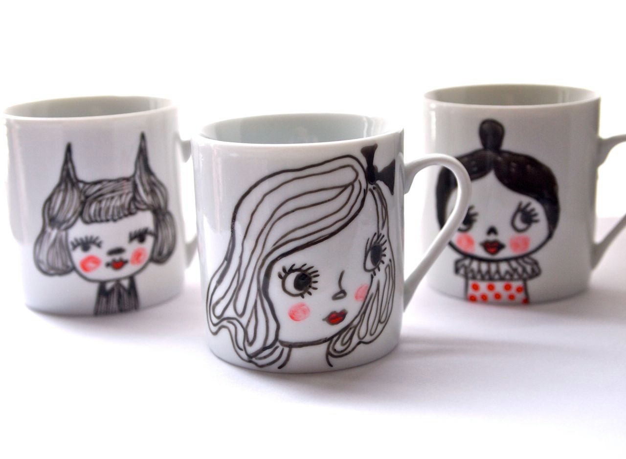 RESERVED FOR ANOUKI Hand painted mini mug hand drawn white porcelain mug Rosie and peaches