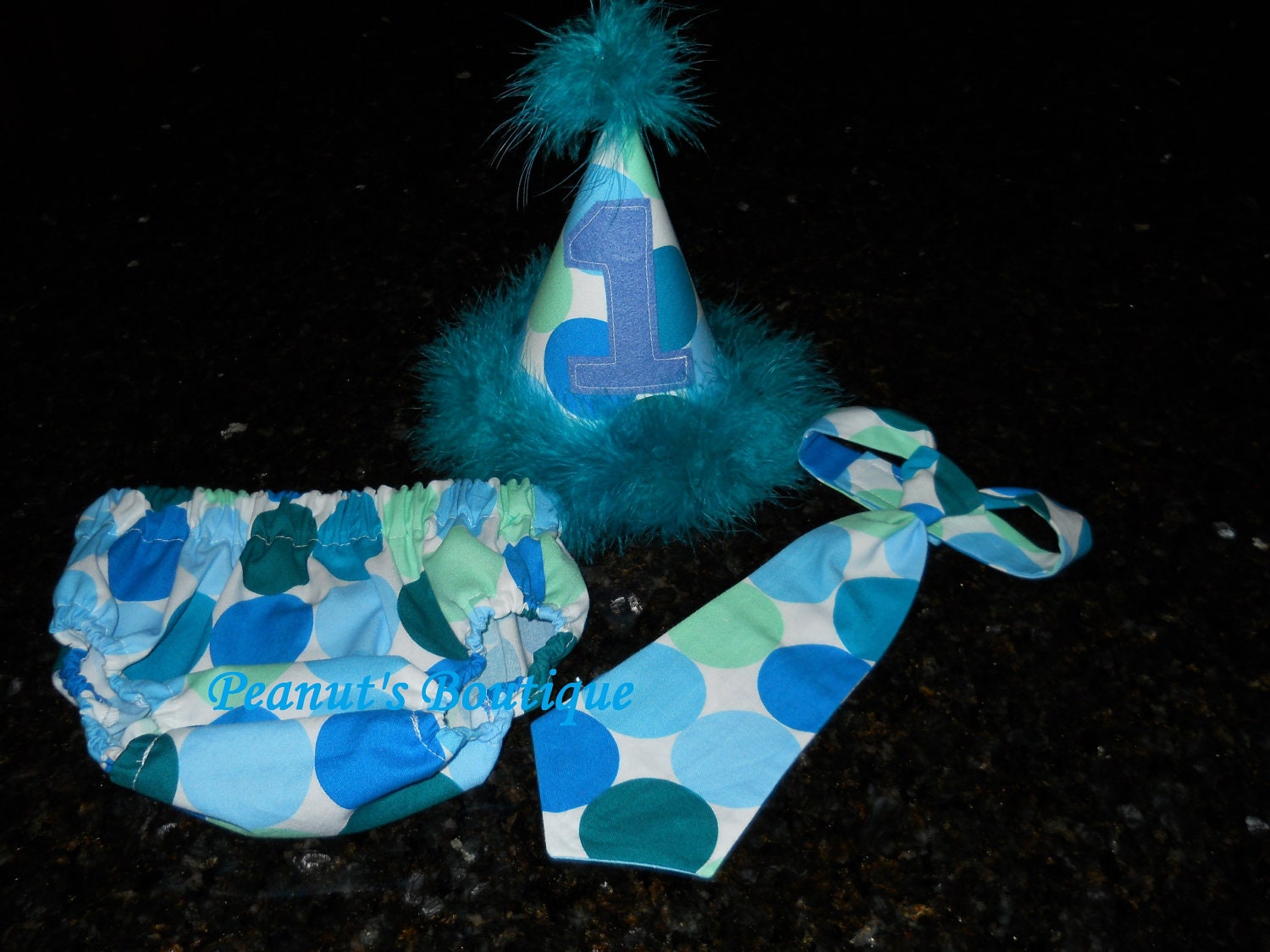 Baby Boy Toddler First Birthday Diaper Cover, Tie & Party Hat -- MM Aqua Disco Dots  Photo Prop
