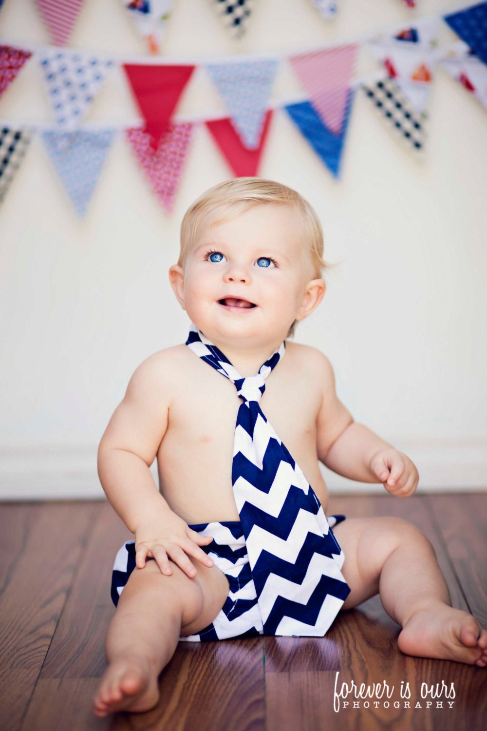 Baby Boy Toddler First Birthday Diaper Cover and Tie Outfit in Riley Blake Chevron NB - 24M Navy Blue Photo Prop