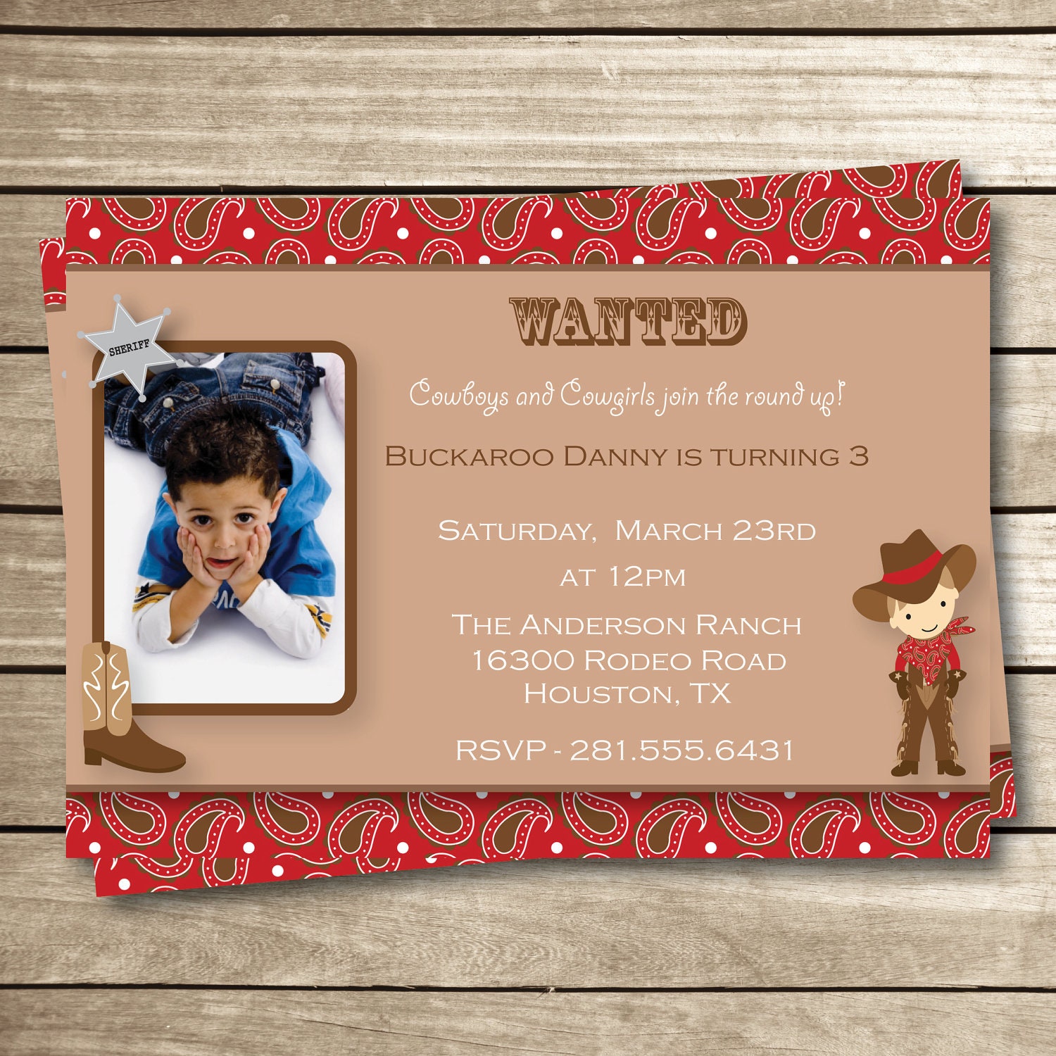 DIY - Cowboy Themed Printable Birthday Invitation - 5 x 7