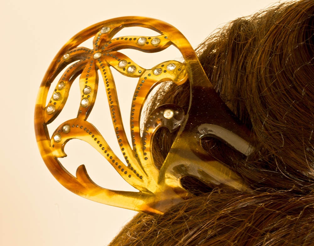 Edwardian  Floral Haircomb, Rhinestones - Faux Tortoiseshell-Celluloid- Art Nouveau- Hair Updo-Downton Abbey Style
