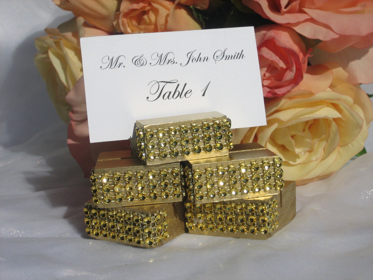 Gold Wood place card holders trimmed with a crystal wrap-Set of 100
