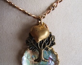 Map Necklace Vintage Atlas Pendant with tree and heart charm Antique Brass Gold Custom Your City