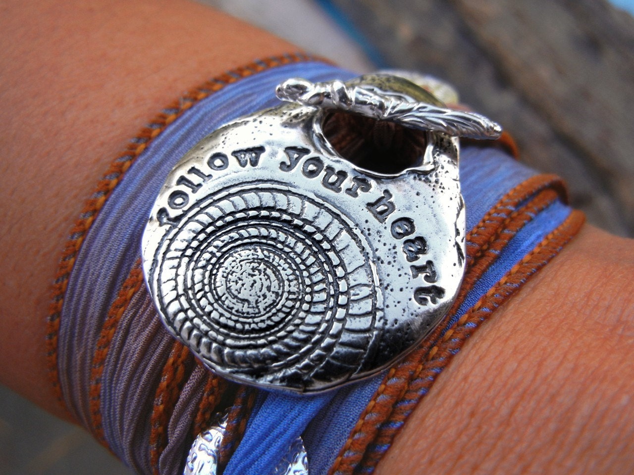 STERLING SILVER Silk Ribbon Bracelet, Inspirational Quote Jewelry Gift, Hand Stamped Silver Charm Toggle, Yoga Wrist Wrap, Follow Your Heart