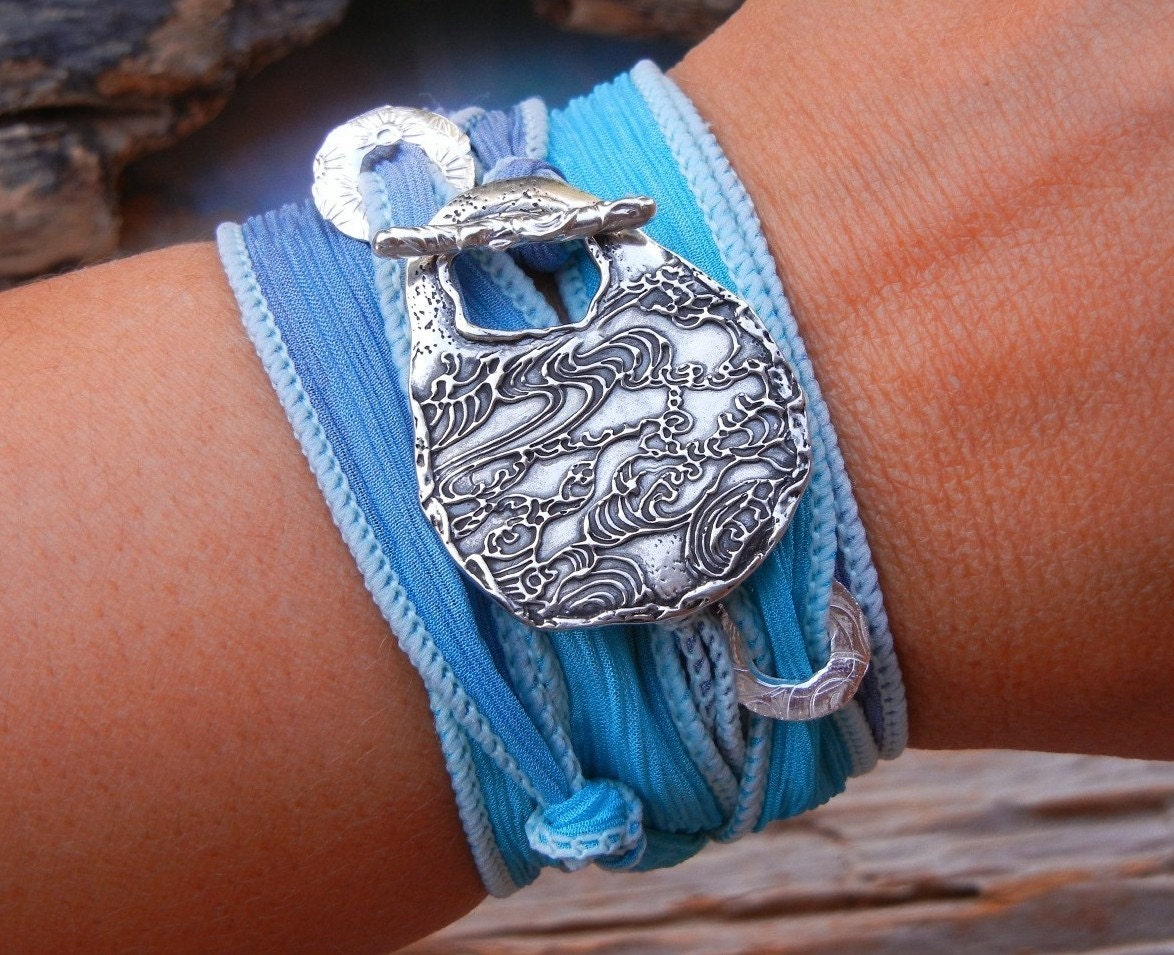 Boho Chic Jewelry, Bohemian Bracelet, STERLING Silver Silk Ribbon Wrist Wrap, Asian Tattoo Art Design Bracelet, Sky Blue Topaz
