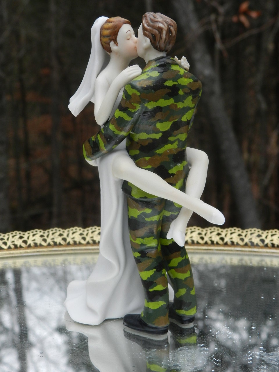 US Army Soldier camo Military uniform Wedding Cake Topper sexy pose Eager Bride