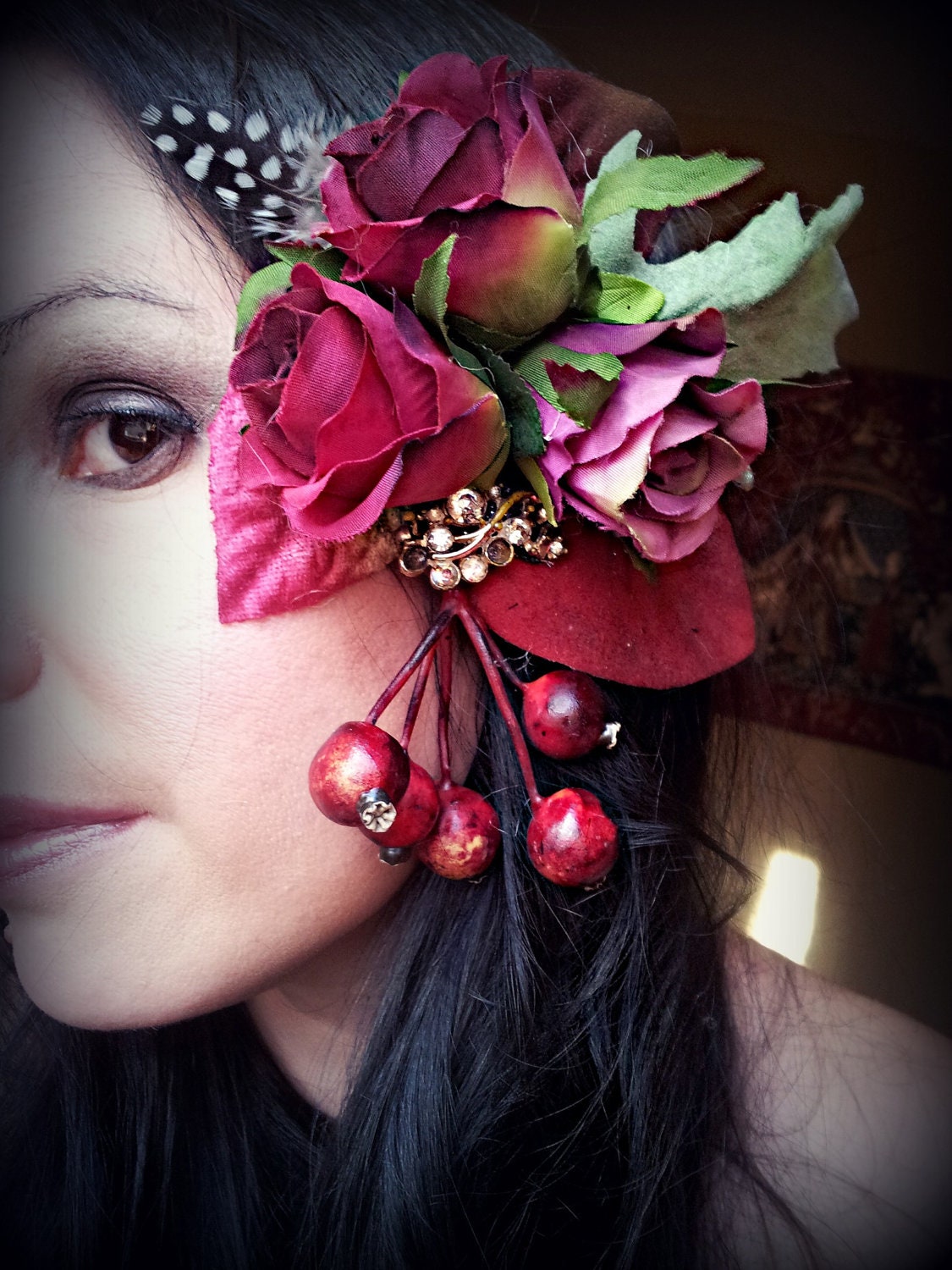 Tribal Fusion Belly Dance Hair Clip with Purple Rosebuds