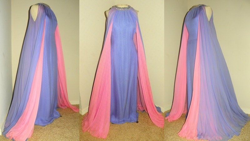 Vintage 60's COUTURE Pink And Purple Silk CHIFFON Grecian Draped Party Dress Vintage 60's Runway BEADED Rhinestone Goddess Cocktail Dress