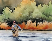 Fly Fishing "HOOKED UP" Watercolor Signed Fine Art Print by Artist DJ Rogers