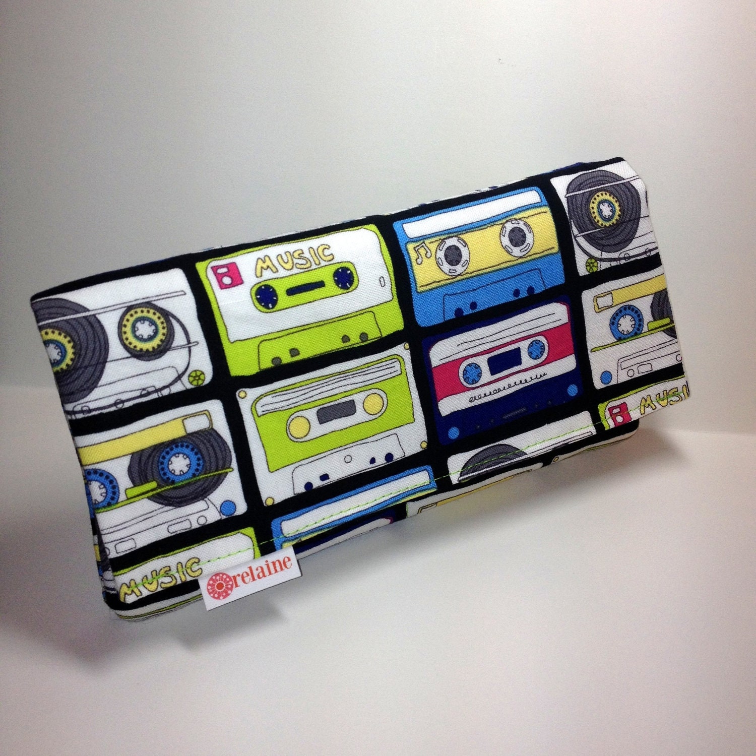 Cassette tape wallet--blue, green, yellow, black.  "World's Greatest Wallet" by relaine.