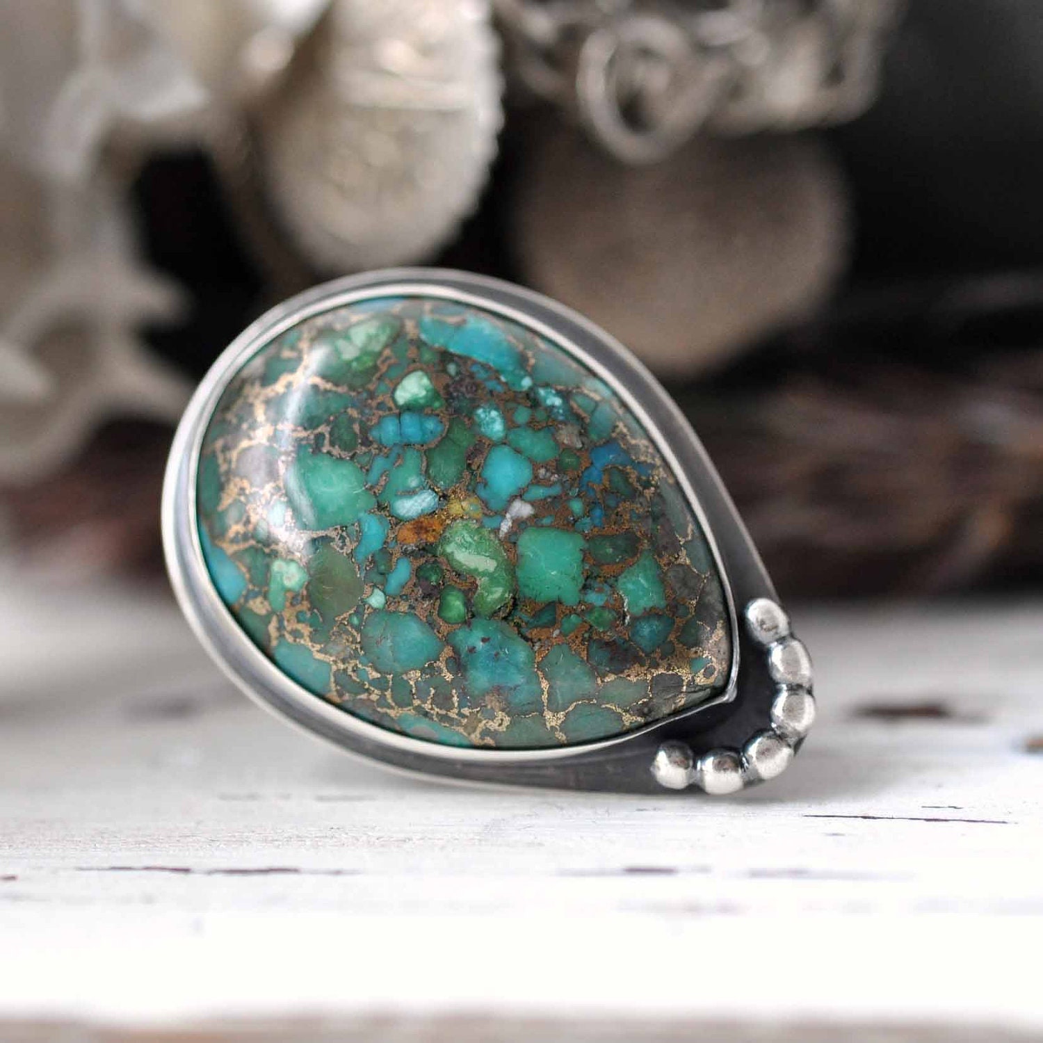 Ring - Turquoise Copper - Sterling silver - size 5,5 - ready to ship - blue green