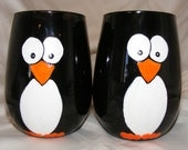 Hand painted stemless penguin wine glasses, one pair