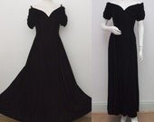 Vintage Evening Dress 1980s Black Velvet Evening Gown Off the Shoulder Dress Medium