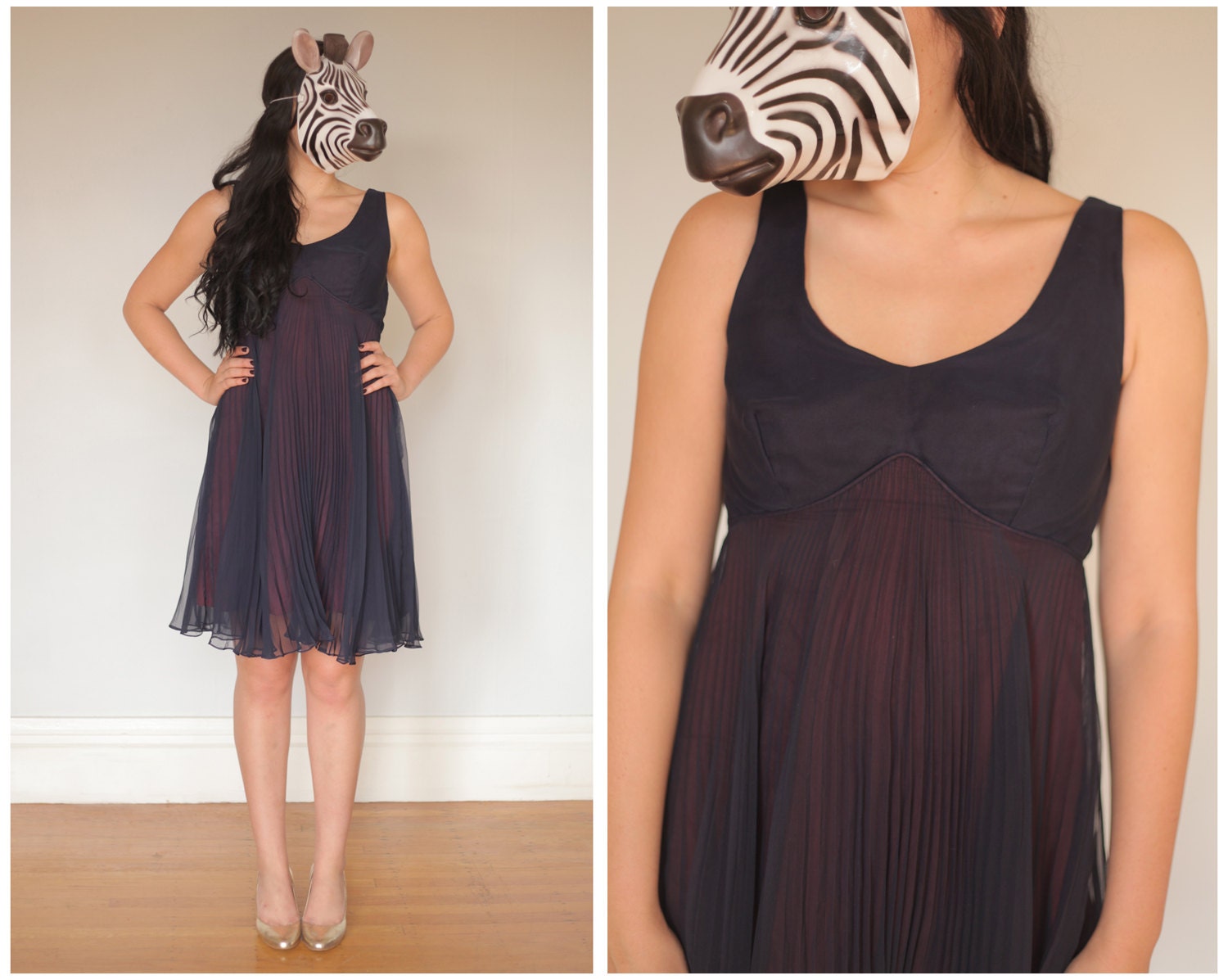 Vintage 60s Empire Waist Short Party Tank Dress with Swinging Pleated Chiffon Skirt - sz M