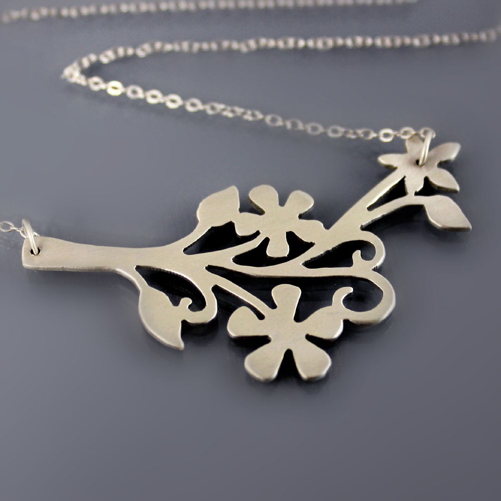 Intricate Floral Branch Necklace - Hand Cut Sterling Silver