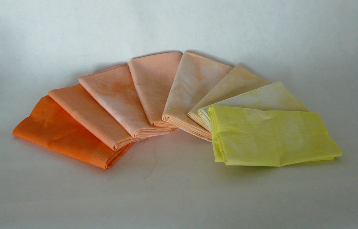 hand dyed cotton fat quarters, 8 deep orange to lemon yellow, ombre