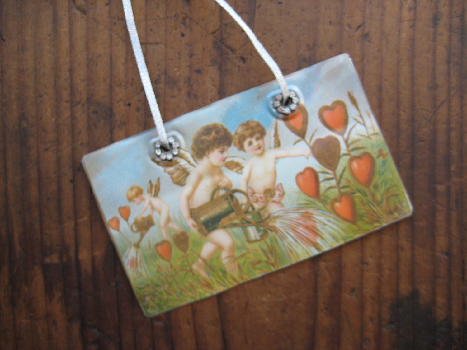 Vintage Recycled Valentine Candy Tin Ornament, Gifts under 15, Cupid Cherub Images, Vintage Home Decor