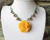 Flower Garden - Statement Necklace, Pendant Necklace - Orange Rose Flower, Crystals, Glass, Modern Trendy