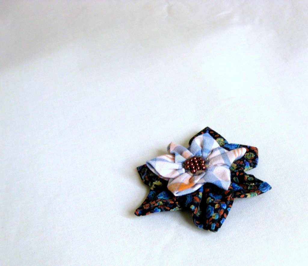 Shawl pin brooch beaded folded fabric flower
