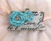 Bridal Clutch Wedding Something Blue Je t'aime with vintage brooch and handle Tiffany Blue