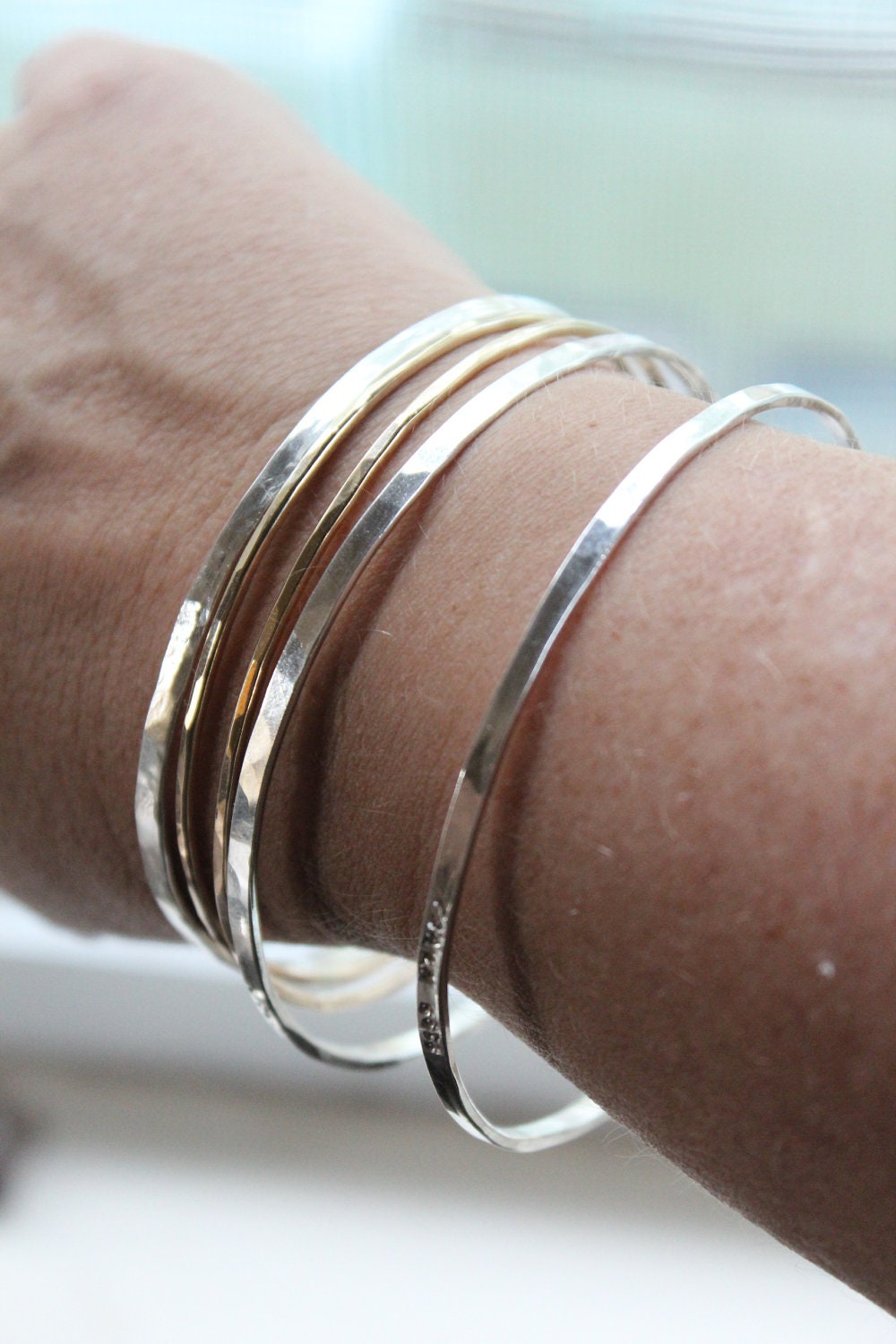 Personalized Bangle Bracelet Set with Sterling and 14k Gold Filled