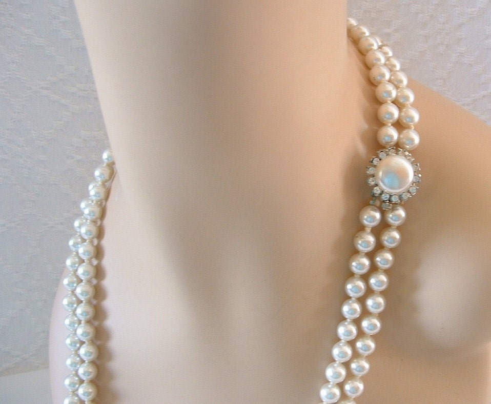 Vintage Rhinestone Pearl Necklace - Japan - Bridal