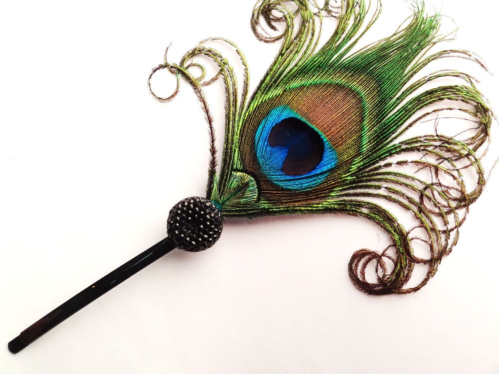 Peacock Feather Bobbie Pin, Fascinator, Hair Accessory. Bridal Head Piece,  Bridesmaid, Jet Black, Blue, Green, Batcakes Couture