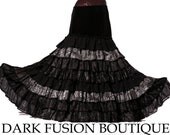 Ruffle Skirt, Larger Size, 48 to 50 inch Low Hips, Black and Pewters, Cabaret, Vaudeville, Steampunk, Flamenco, Bridal, Belly Dance, Tribal